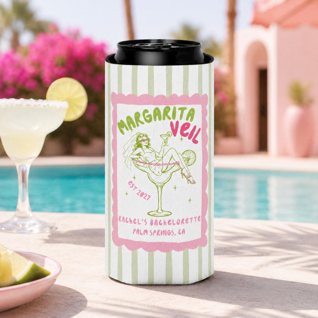 Margarita Veil Bachelorette Can Cooler, Custom Bach Party Favor Sleeve