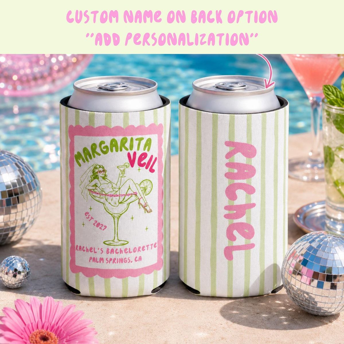 Margarita Veil Bachelorette Can Cooler, Custom Bach Party Favor Sleeve