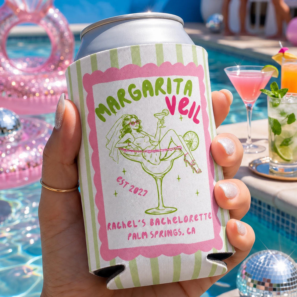 Margarita Veil Bachelorette Can Cooler, Custom Bach Party Favor Sleeve