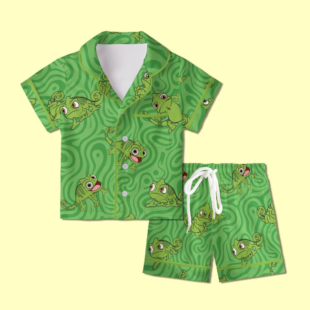 Pascal Chameleon Pajamas Satin, Tangled Theme Sleepwear, Magical Kingdom Lounge Set, Family Matching Pajamas, Kids Birthday Gift