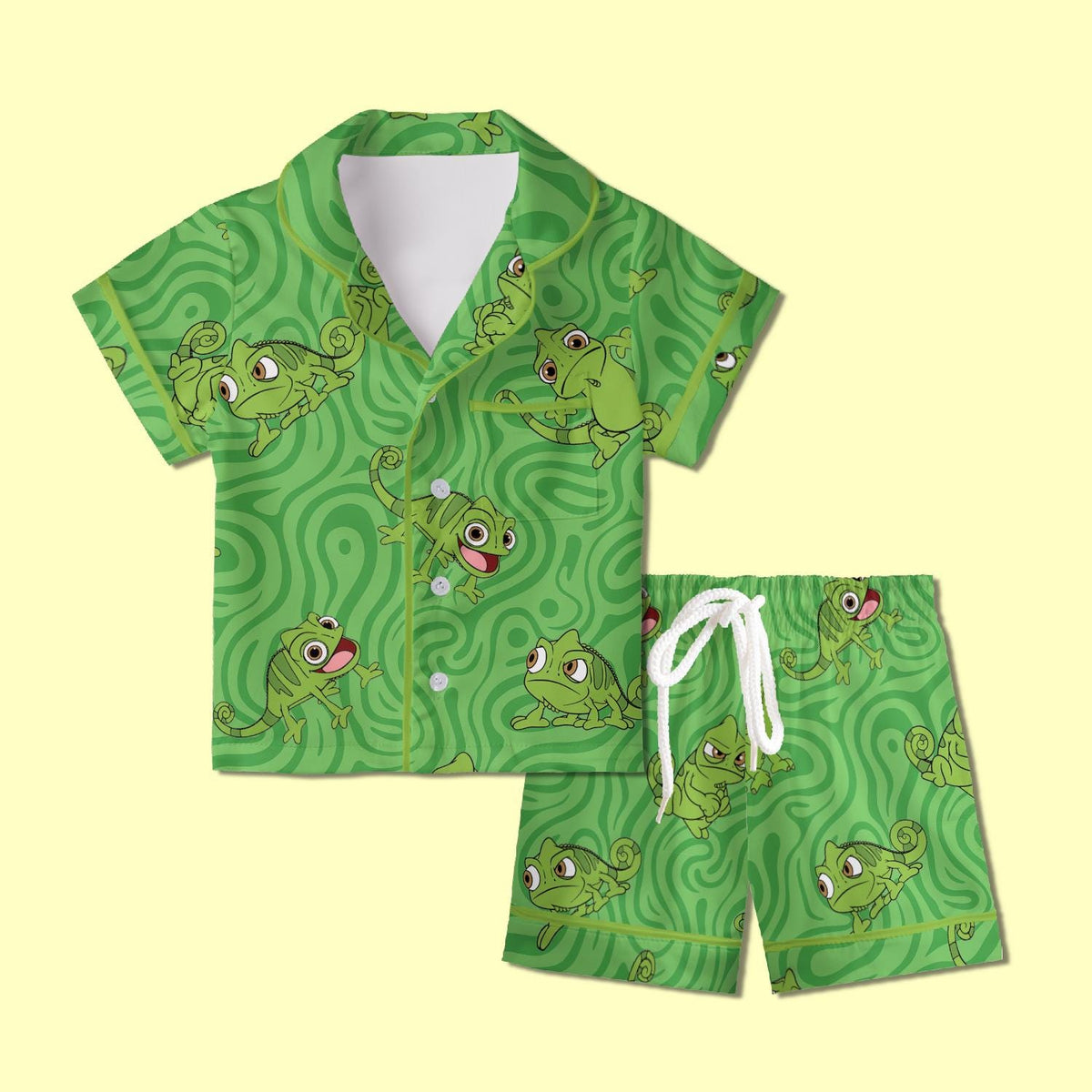 Pascal Chameleon Pajamas Satin, Tangled Theme Sleepwear, Magical Kingdom Lounge Set, Family Matching Pajamas, Kids Birthday Gift