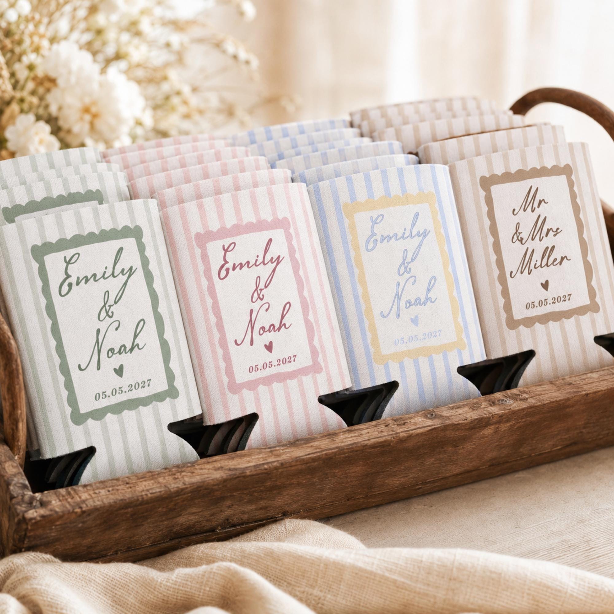 Personalized Wedding Can Cooler, Custom Names and Date, Reception Favors for Guests
