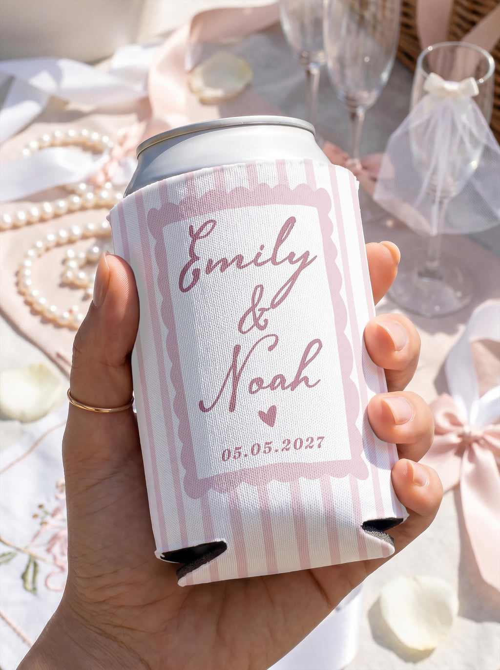 Personalized Wedding Can Cooler, Custom Names and Date, Reception Favors for Guests