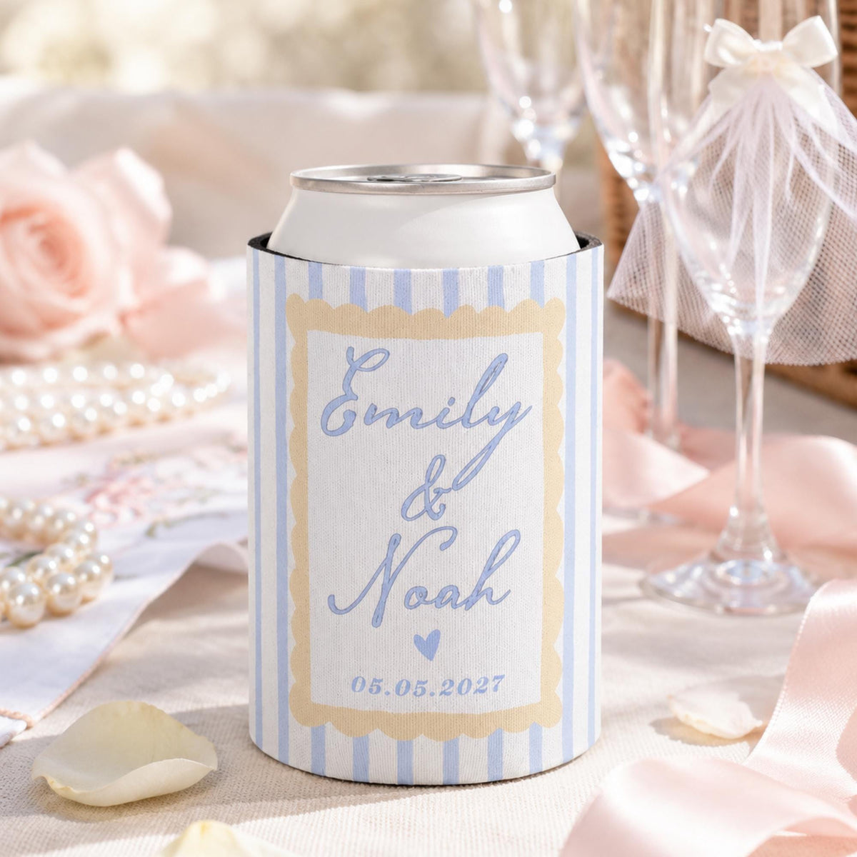Personalized Wedding Can Cooler, Custom Names and Date, Reception Favors for Guests