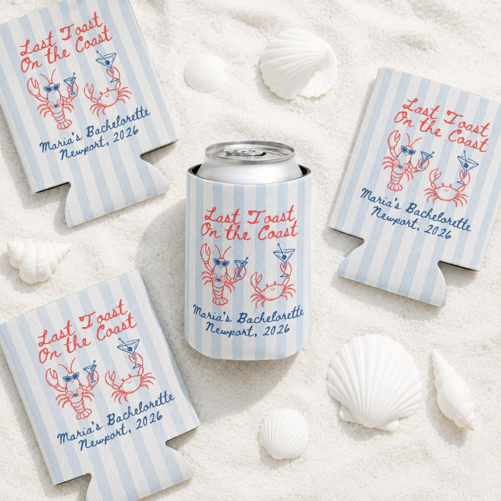 Last Toast on the Coast Can Cooler, Beach Bachelorette Party Favor, Personalized Coastal Drink Sleeve