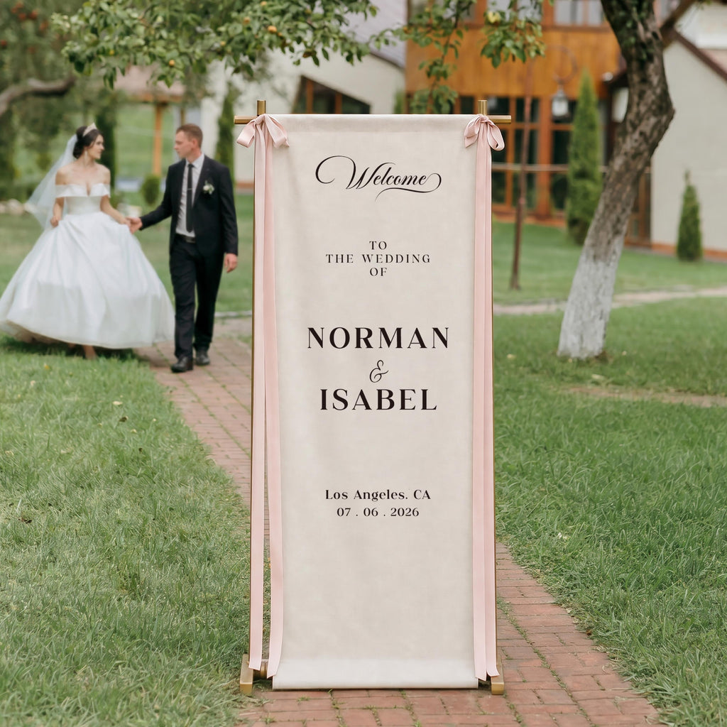 Custom Linen Wedding Welcome Sign - Personalized Boho Ceremony Decor with Name & Date