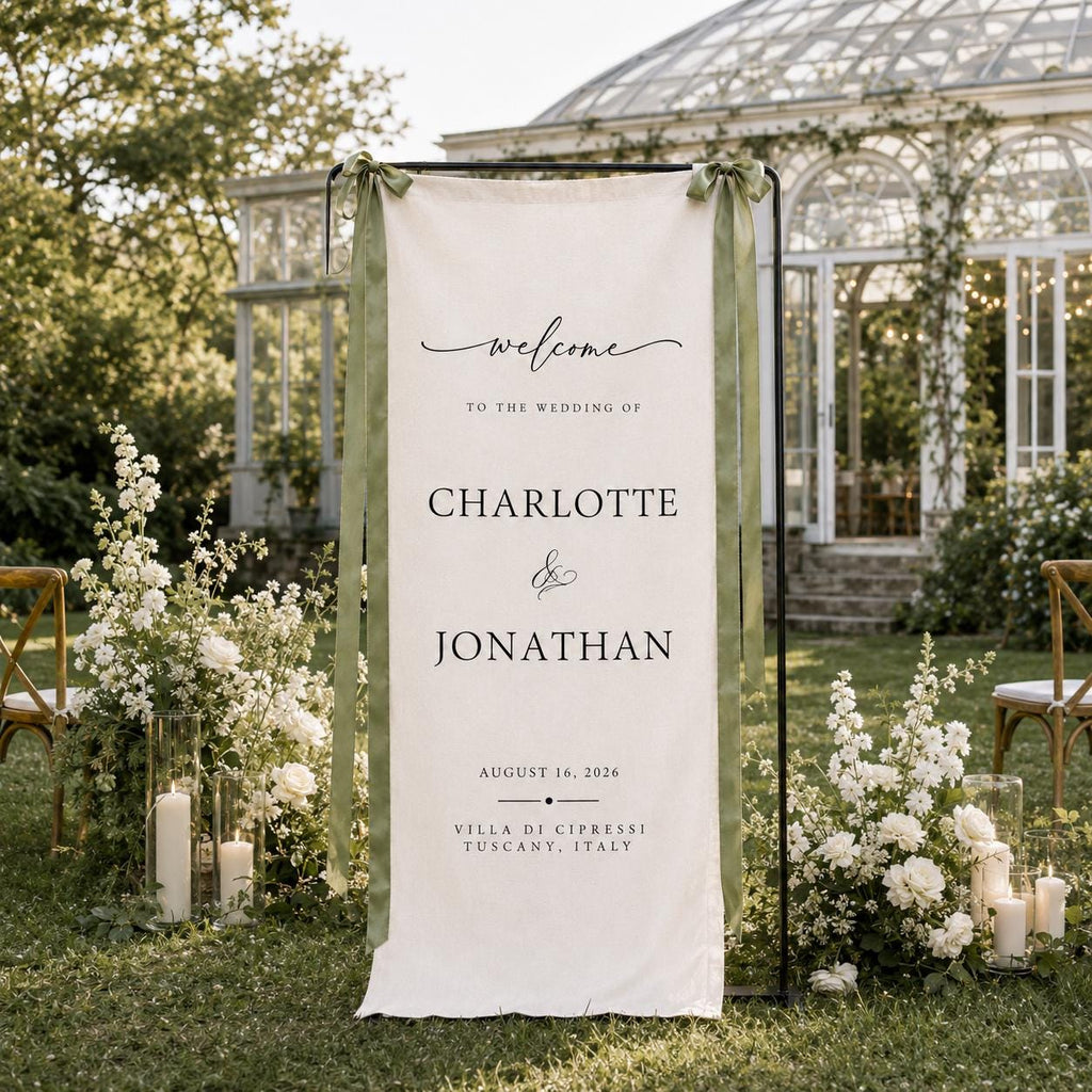 Custom Linen Wedding Welcome Sign, Fabric Wedding Banner, Personalized Ceremony Decor, Modern Wedding Entrance Sign