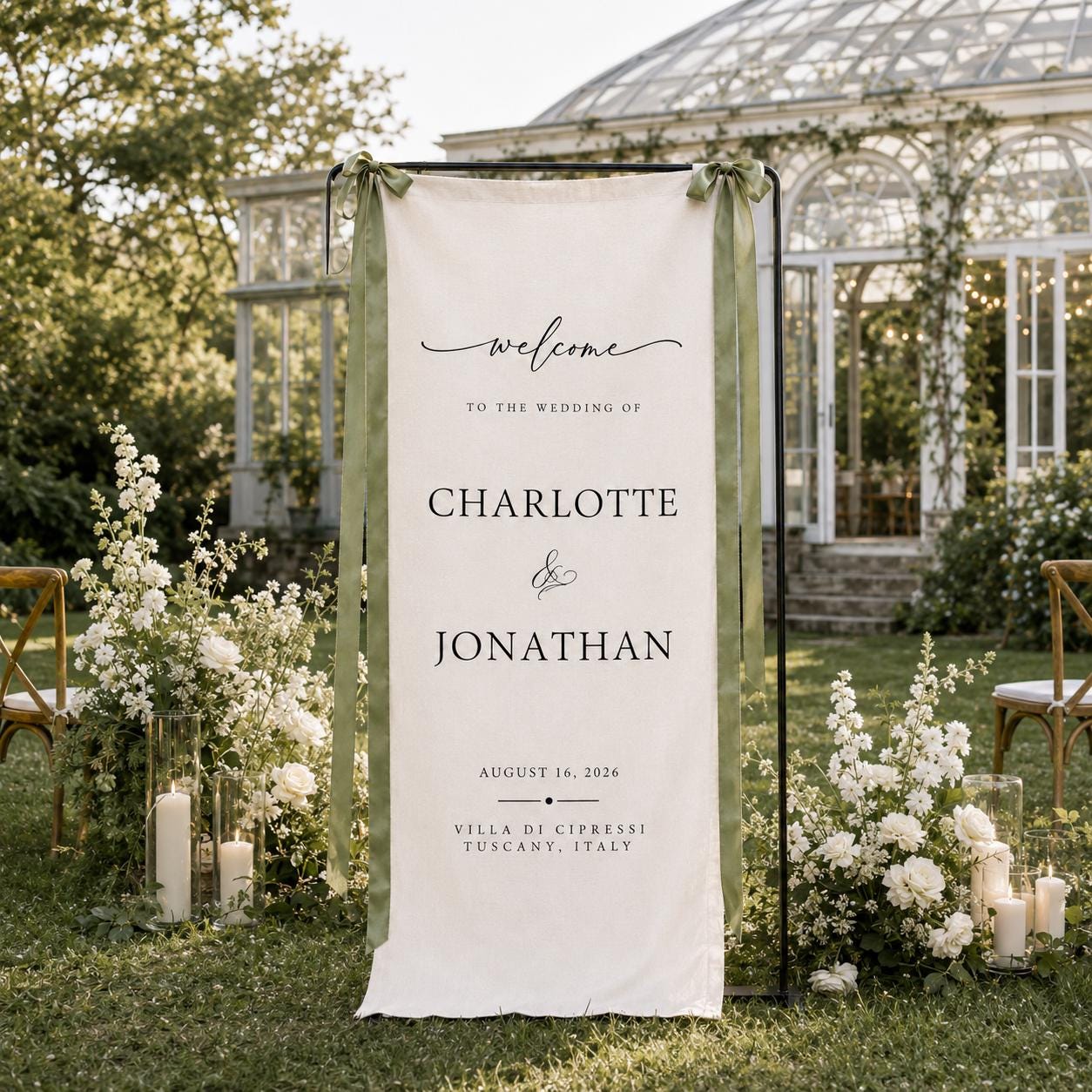 Custom Linen Wedding Welcome Sign, Fabric Wedding Banner, Personalized Ceremony Decor, Modern Wedding Entrance Sign