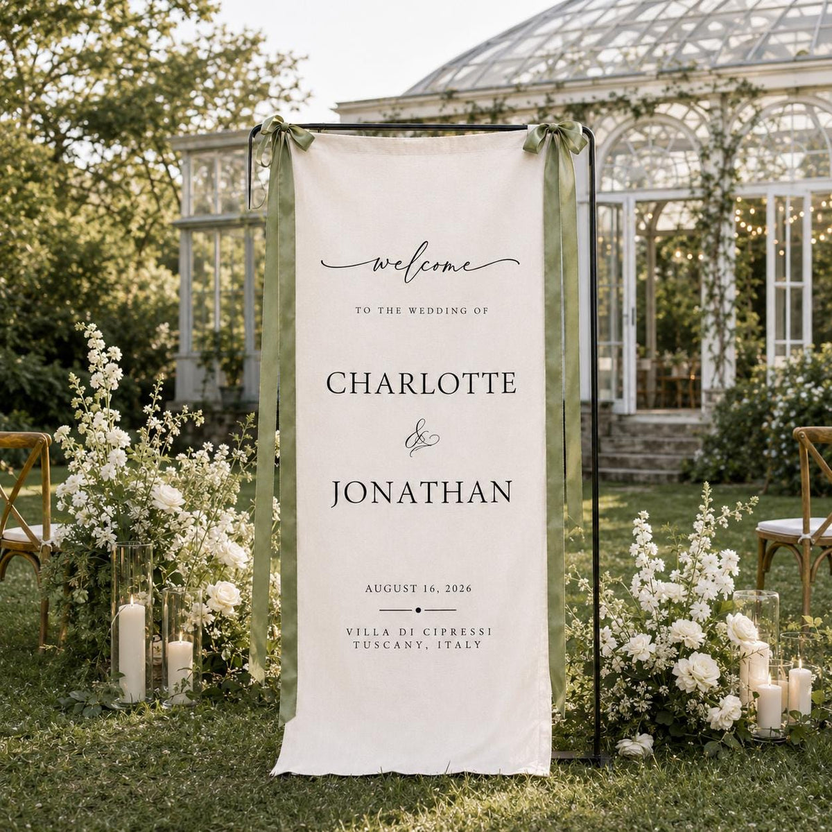 Personalized Linen Wedding Welcome Sign, Custom Fabric Wedding Banner, Name Date Ceremony Sign, Elegant Wedding Reception Decor