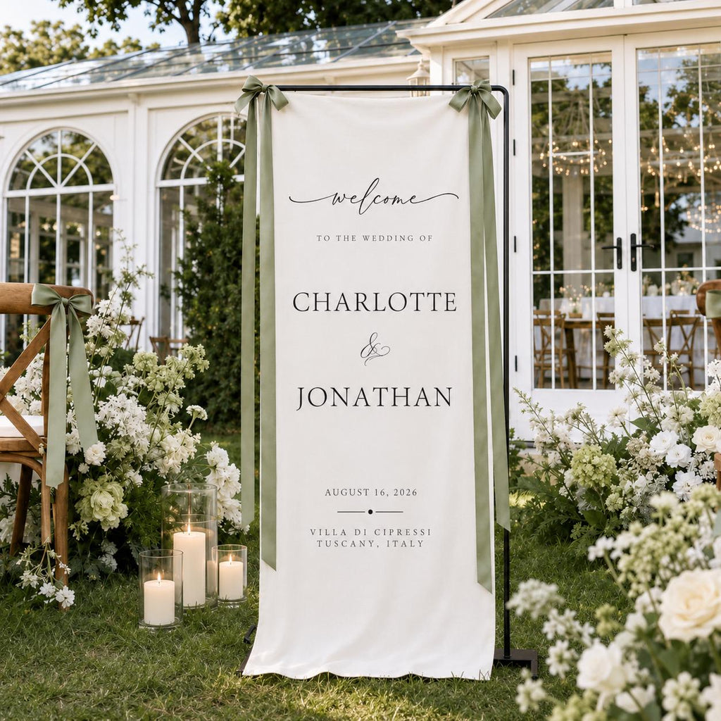 Custom Linen Wedding Welcome Sign, Fabric Wedding Banner, Personalized Ceremony Decor, Modern Wedding Entrance Sign