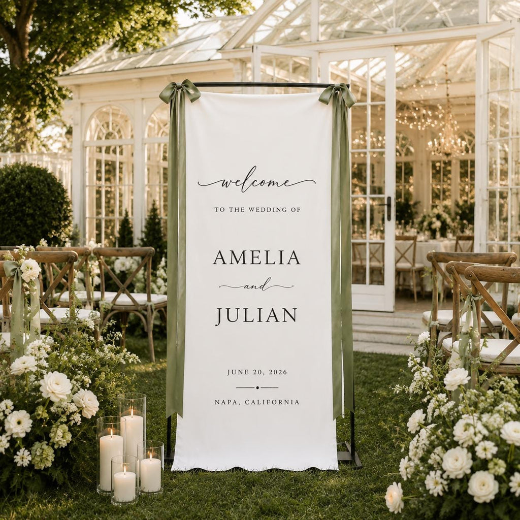 Custom Linen Wedding Welcome Sign, Fabric Wedding Banner, Personalized Ceremony Decor, Modern Wedding Entrance Sign