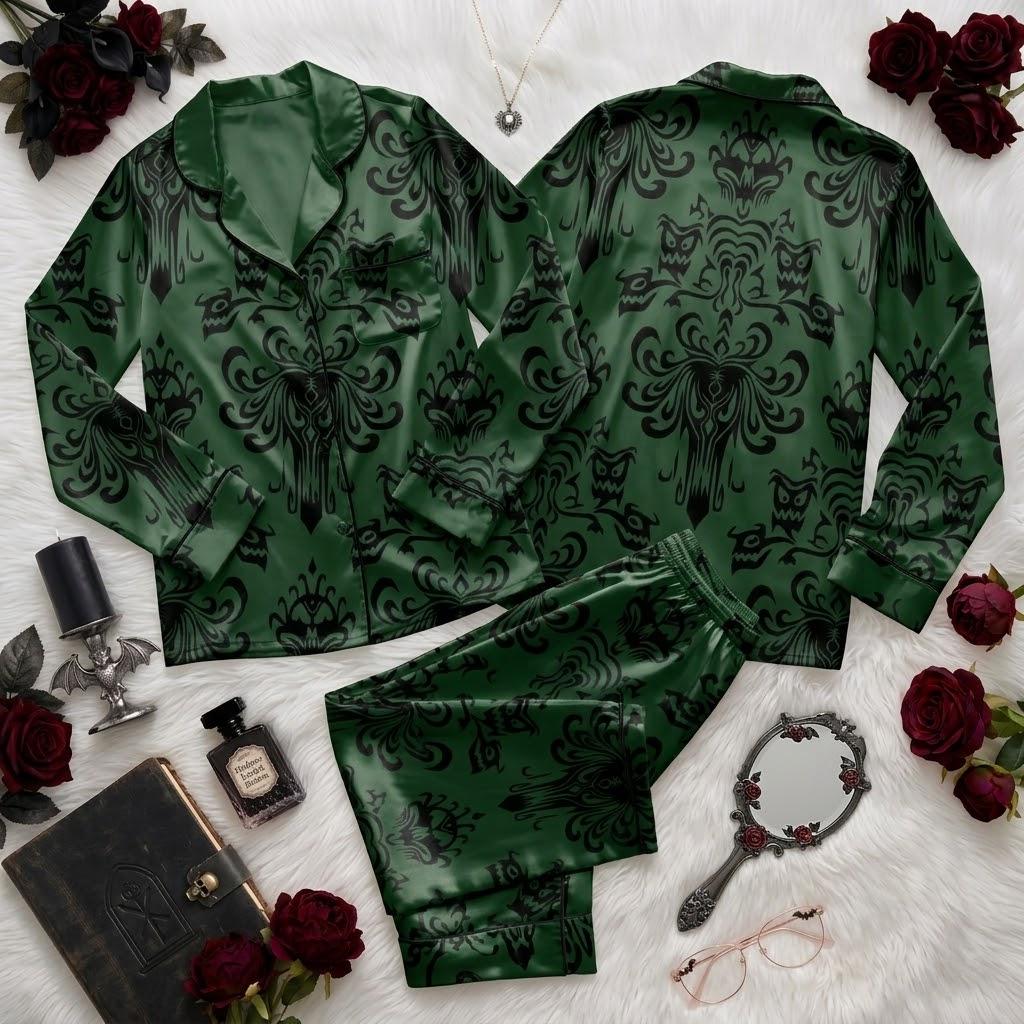 Enter Disney Haunted Mansion After Dark, Ghostly Pajamas For Halloween Nights, Elegant Manor Inspired Nightwear, Spooky Bedtime Style