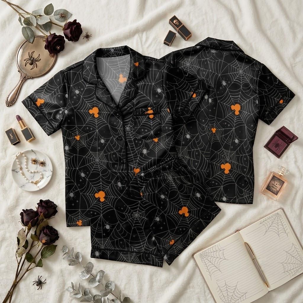 Mickey Mouse Meets Spooky Spiders For Disney Halloween, Character Pajamas, Web Inspired Nightwear, Cute October Bedtime Outfit