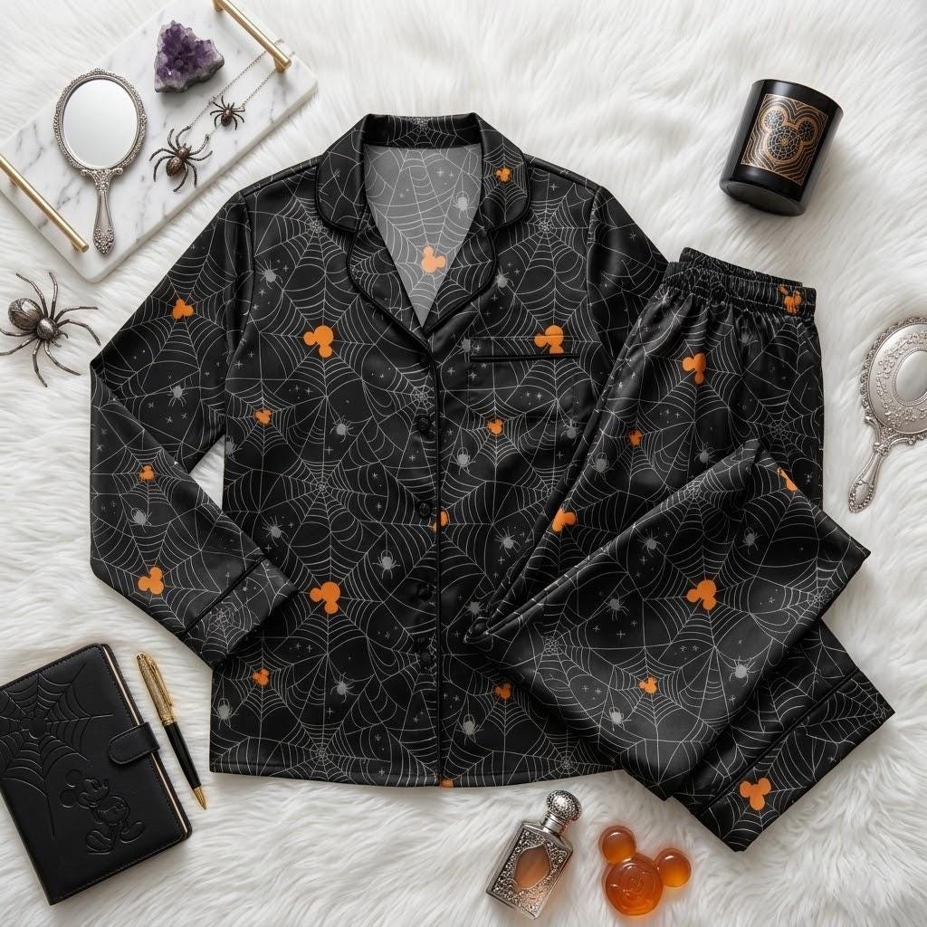 Mickey Mouse Meets Spooky Spiders For Disney Halloween, Character Pajamas, Web Inspired Nightwear, Cute October Bedtime Outfit