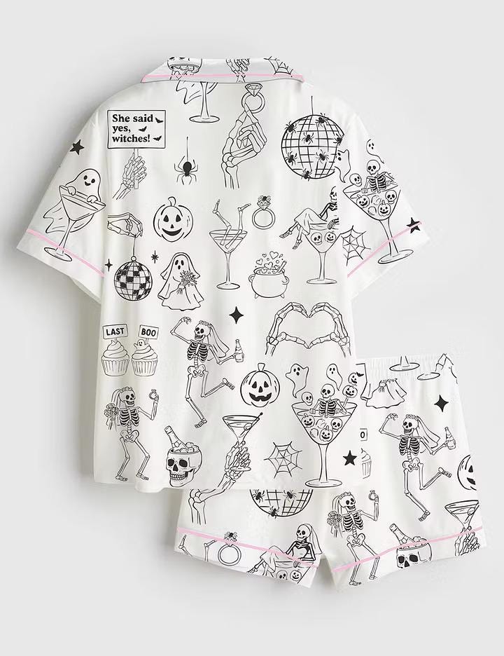 Til Death Bachelorette Satin Pajama Set, Womens Halloween Wedding Pjs, Short Sleeve Silky Sleepwear, Spooky Bridal Loungewear