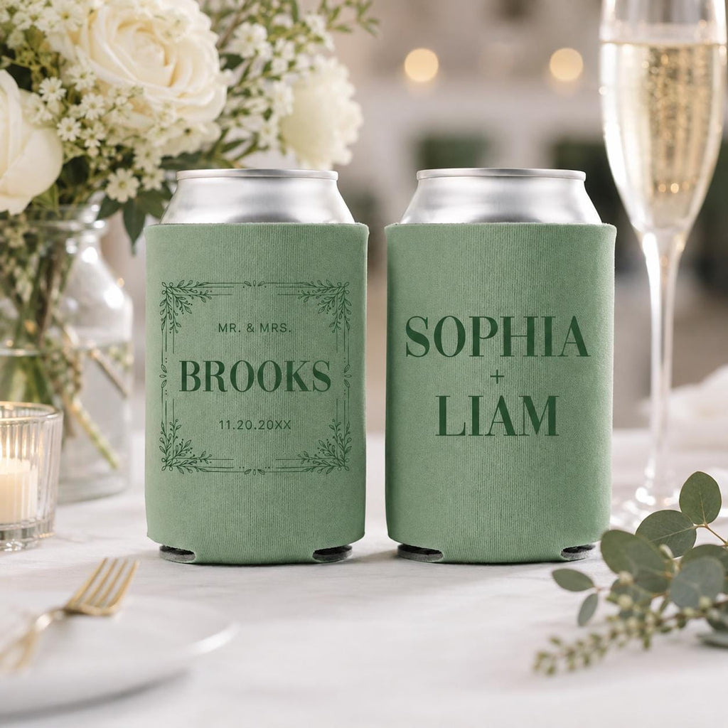 Custom Mr And Mrs Can Coolers, Personalized Wedding Favor Can Coolers, Bride Groom Wedding Favors, Custom Name Reception Favors