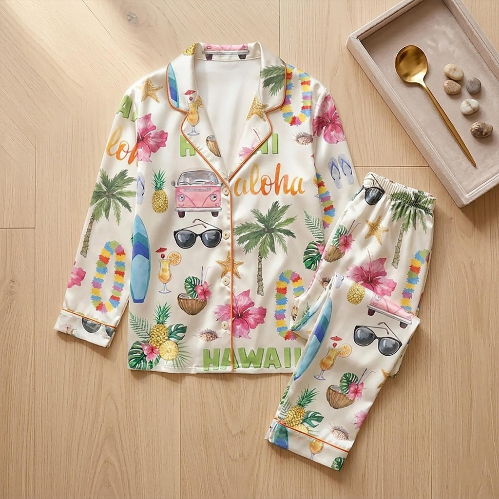 Aloha Pajama Set, Tropical Hibiscus Print Sleepwear, Women's Floral Beach Loungewear PJs Gift