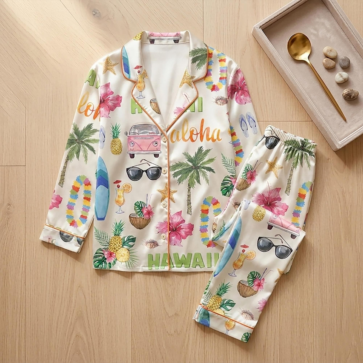 Aloha Pajama Set, Tropical Hibiscus Print Sleepwear, Women's Floral Beach Loungewear PJs Gift