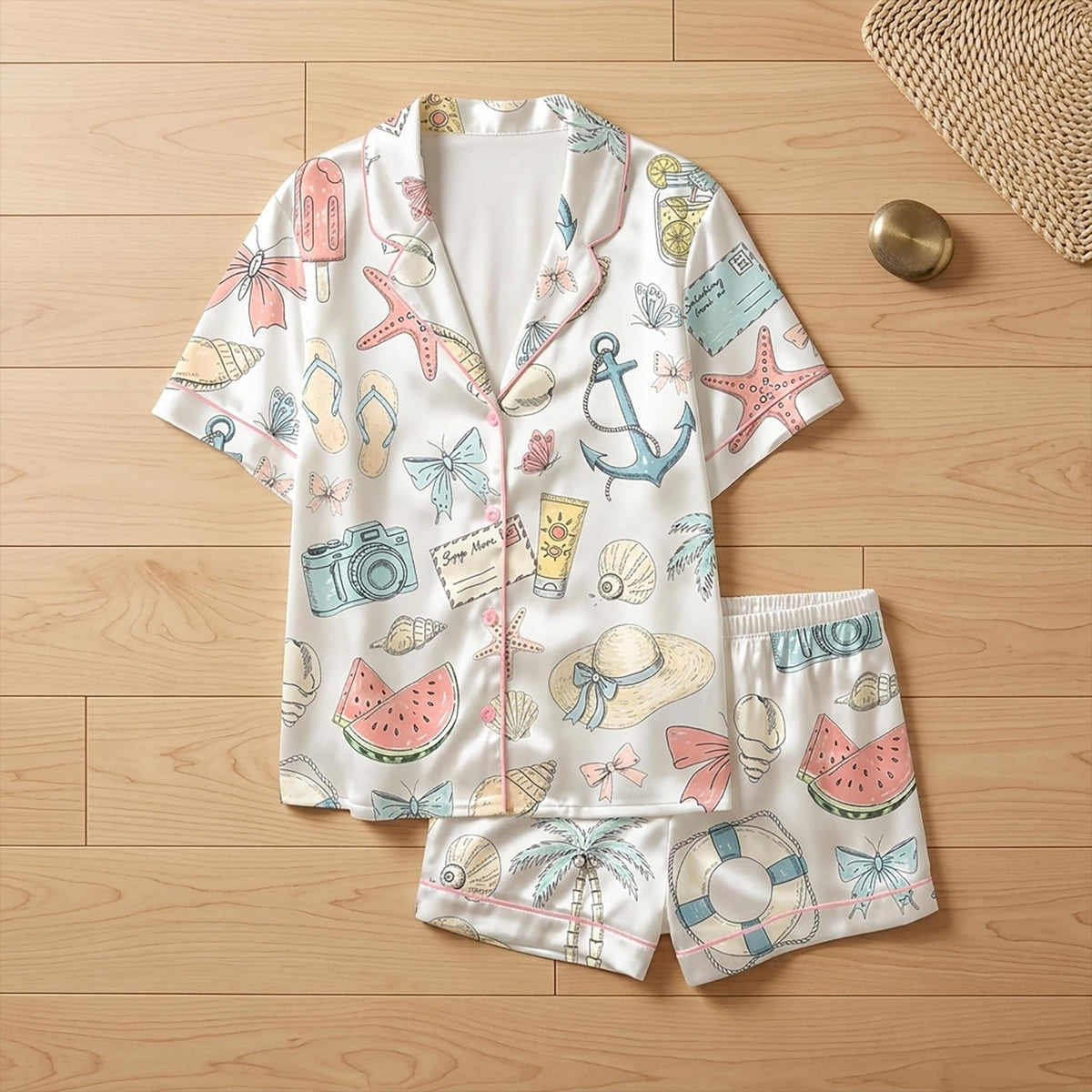 Anchor Starfish Summer Pajamas, Nautical Beach Vacation Sleepwear Set, Starfish Ocean PJs, Beach Party Gift Her