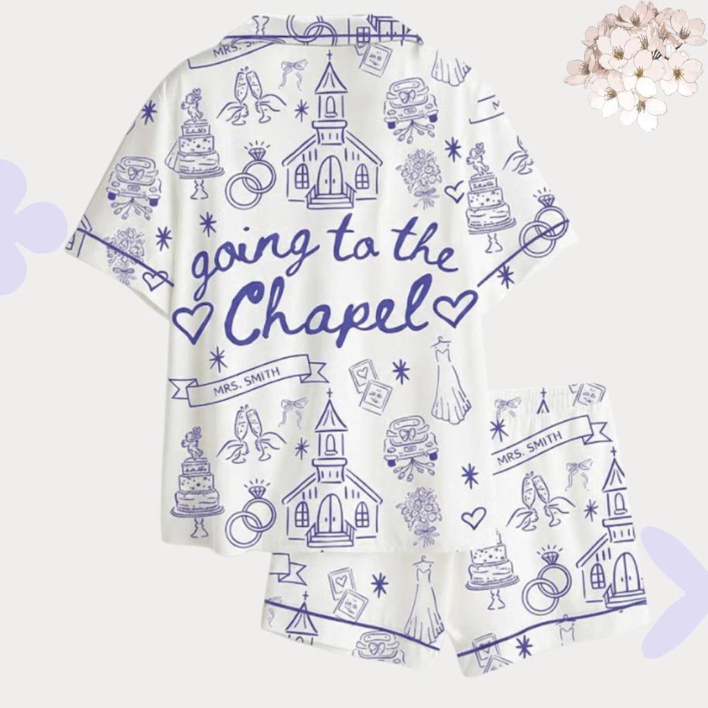 Bride Pajamas Set – Going to the Chapel , Blue Toile Bridal Sleepwear – Wedding Morning Getting Ready