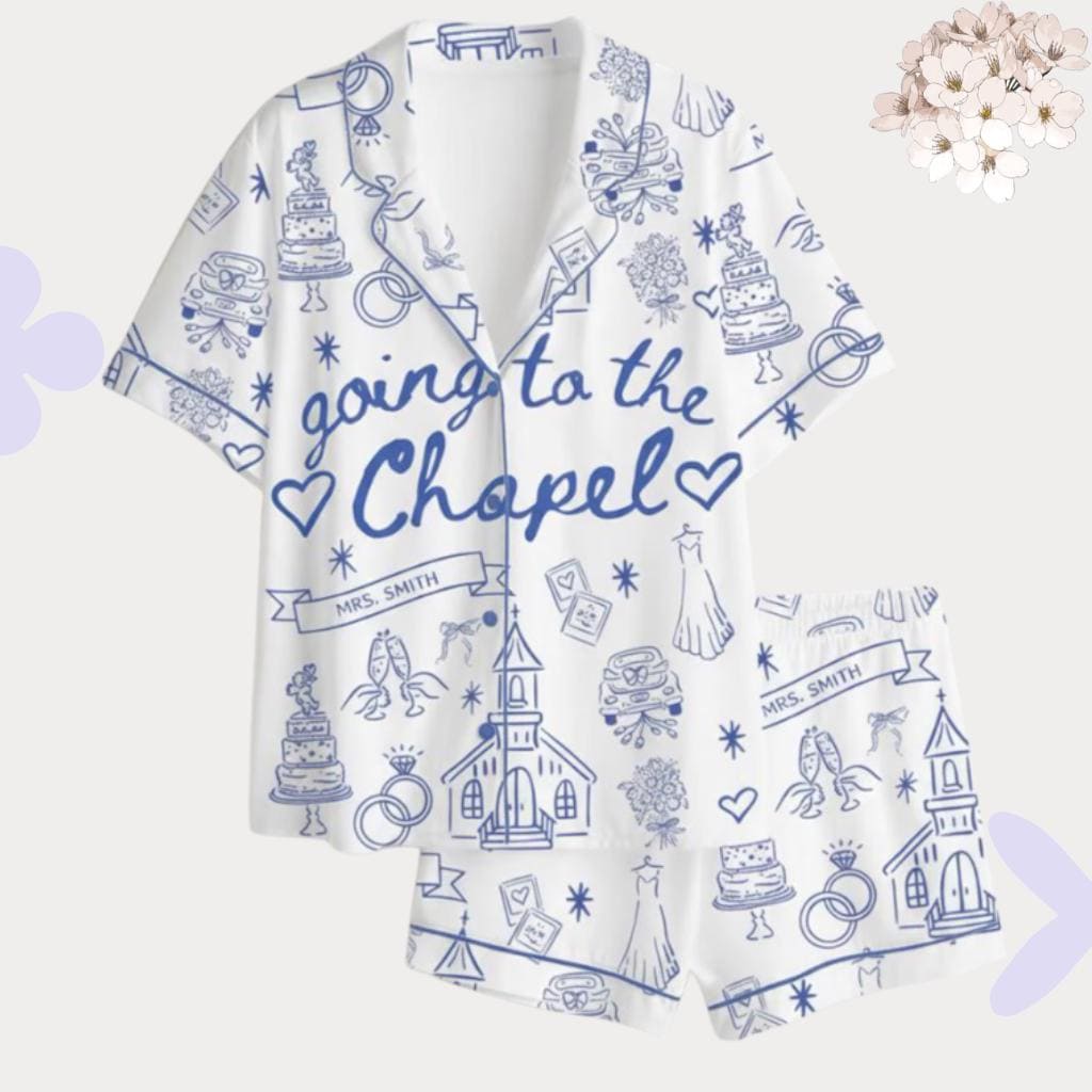 Bride Pajamas Set – Going to the Chapel , Blue Toile Bridal Sleepwear – Wedding Morning Getting Ready