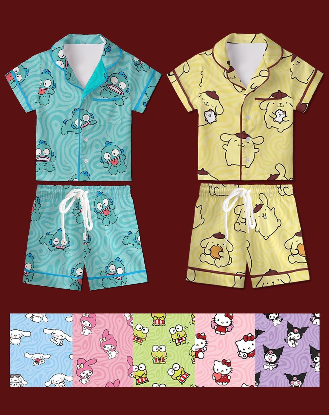 Cute Cartoon Character Pajamas Satin, Sanrio Inspired Sleepwear, Family Matching Pajamas, Kids Birthday Gift, Slumber Party Gifts