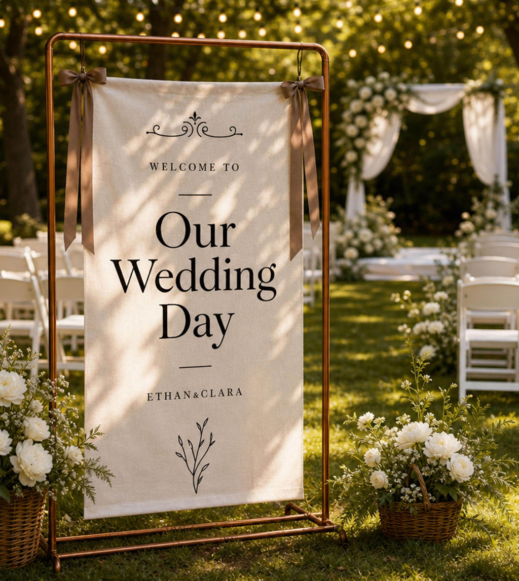 Custom Linen Wedding Welcome Banner | Personalized Rustic Entrance Tapestry