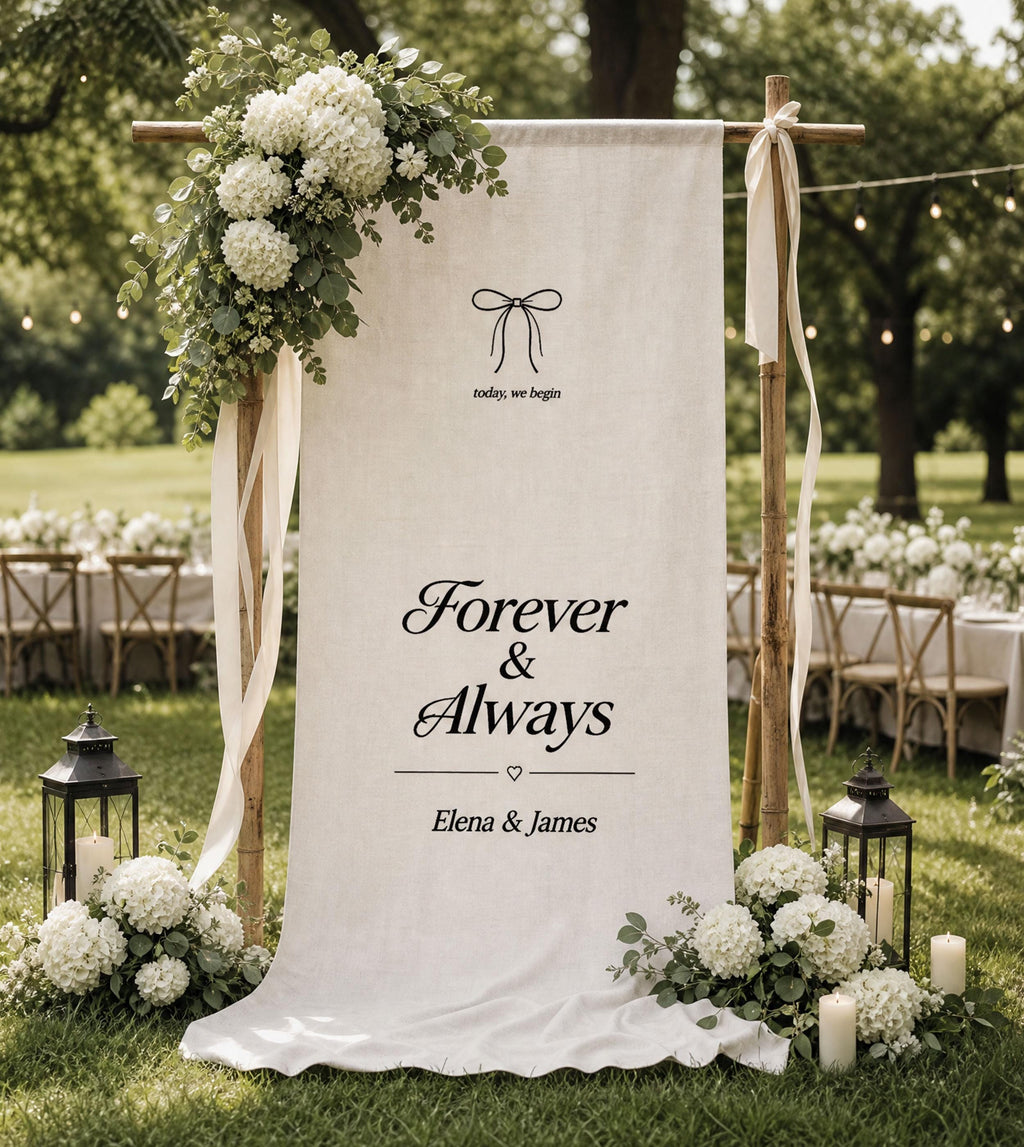 Custom Linen Wedding Welcome Banner | Personalized Rustic Entrance Tapestry