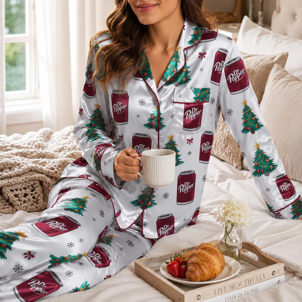 Coquette Dr Pepper Christmas Satin Pajamas Set, Est. 1885 Soda Pajamas, Diet Drink Lovers Gift, Family Matching Pajamas, Christmas Pajamas