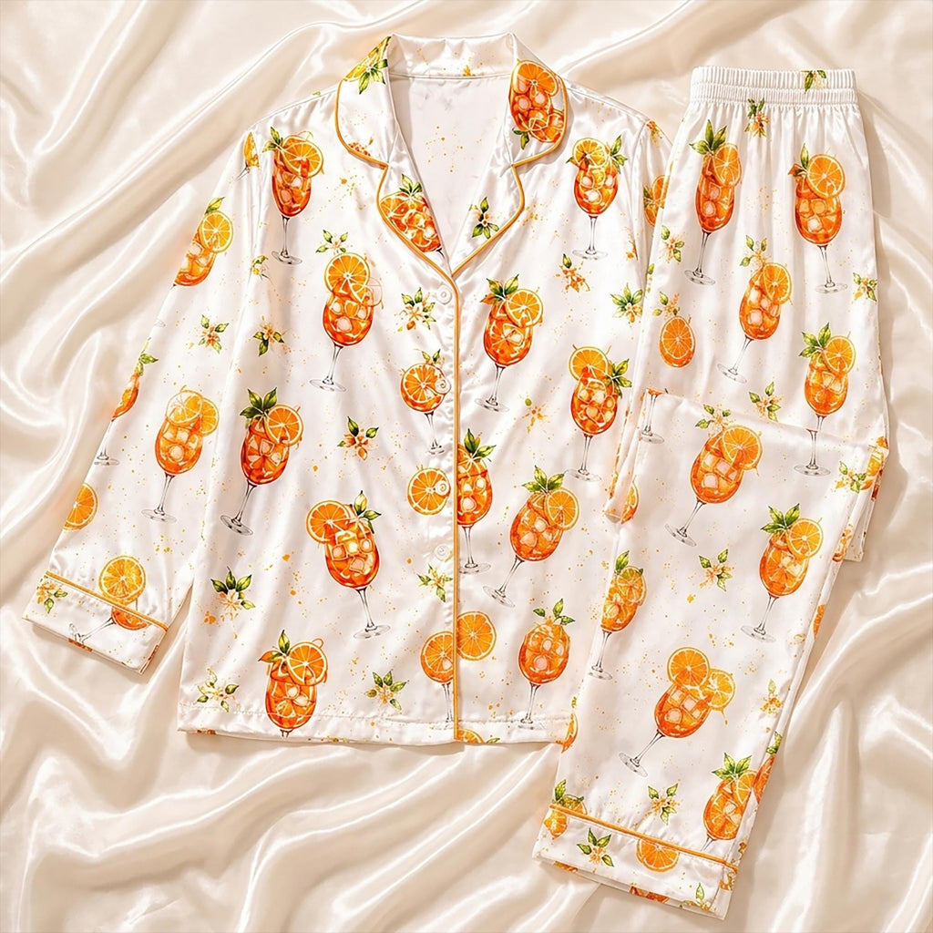 Aperol Spritz Women Pajama Set, Orange Cocktail Satin Sleepwear, Citrus Print PJs, Bachelorette Party Gift Set