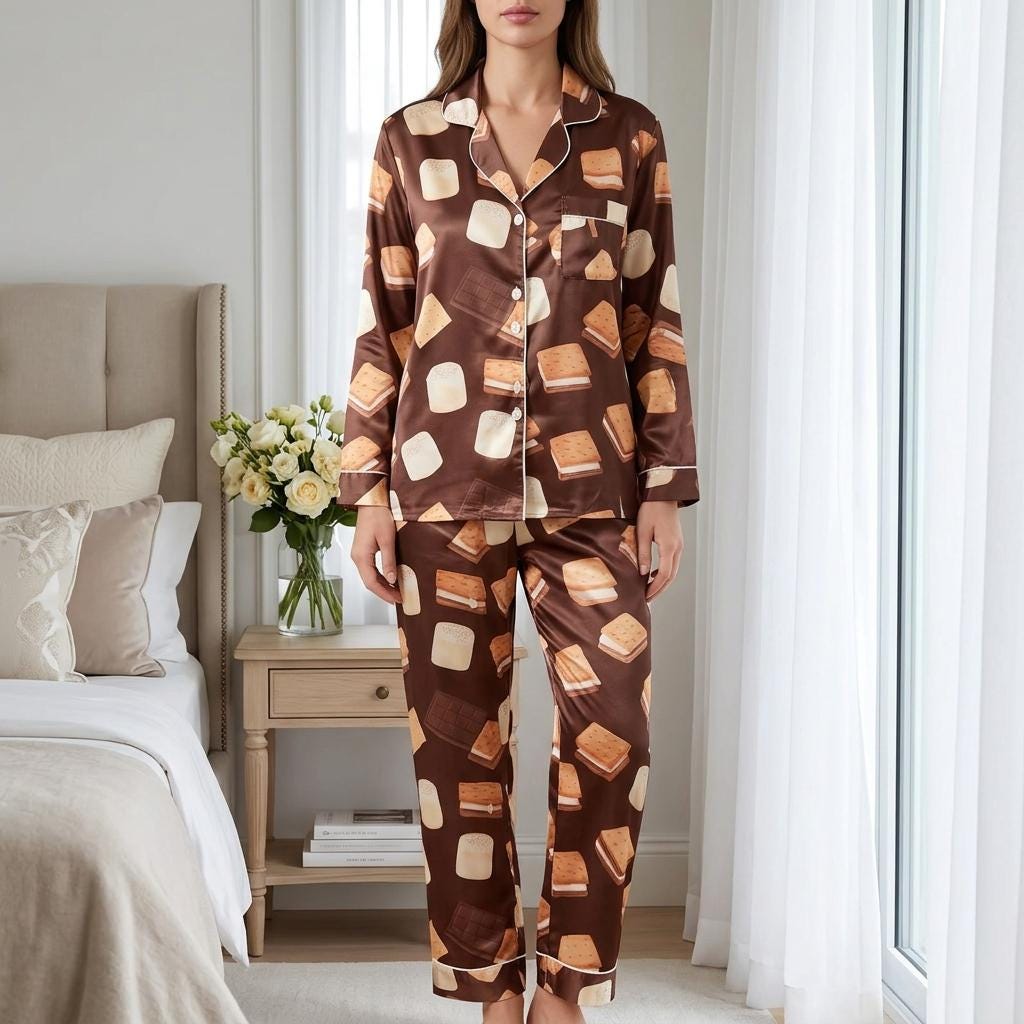 Cute S'mores Satin Pajamas Set, Autumn Pajamas, Cozy Fall Pajamas, Chocolate Pajamas, Fall Snack Pyjamas, Halloween Pjs, Cozy Season Pajamas