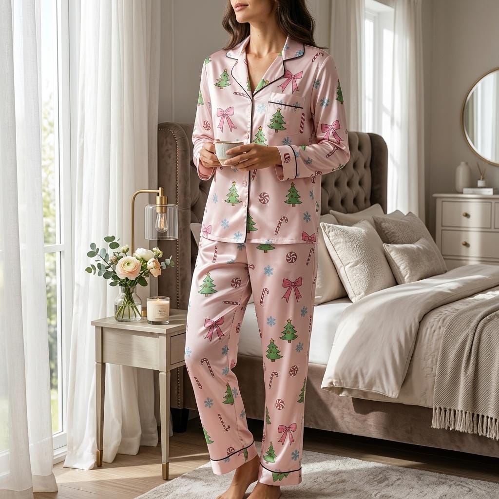 Coquette Christmas Satin Pajamas Set, Candy Canes Christmas Tree Pajamas, Christmas Pajamas, Family Matching Xmas Pajama, Coquette Pajamas