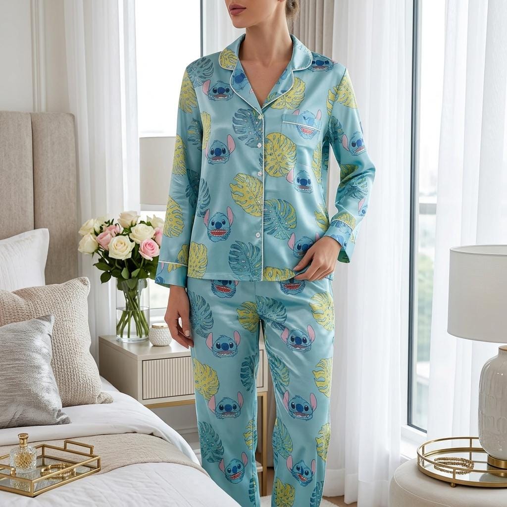 Disney Stitch Satin Pajamas Set, Tropical Stitch Pajamas, Disneyland Family Trip Pajamas, Magic Kingdom Pajamas, Disney Matching Pajamas Set