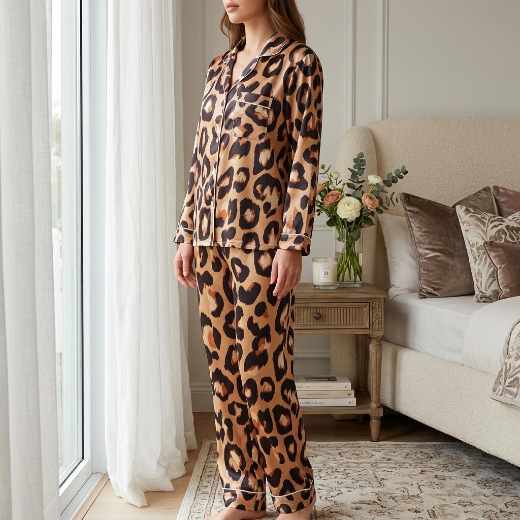 Leopard Pattern Satin Pajamas Set, Girlish Pajamas, Cute Women Pajamas, Leopard Skin Pajamas Set, Leopard & Cheetah Pajama, Halloween Pajama