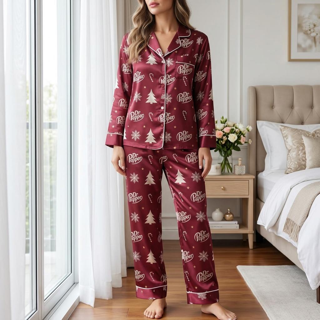 Retro Dr Pepper Christmas Satin Pajamas Set, Est. 1885 Soda Pajamas, Diet Drink Lovers Gift, Family Matching Xmas Pajamas, Christmas Pajamas