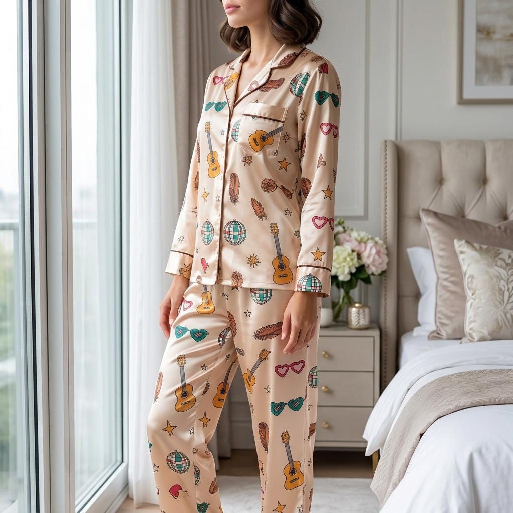 Showgirl Satin Pajamas Set, Girls Night Sleepover Outfit, Matching Pajamas for Best Friends, Bachelorette Party Gift, Music Lover Pajamas