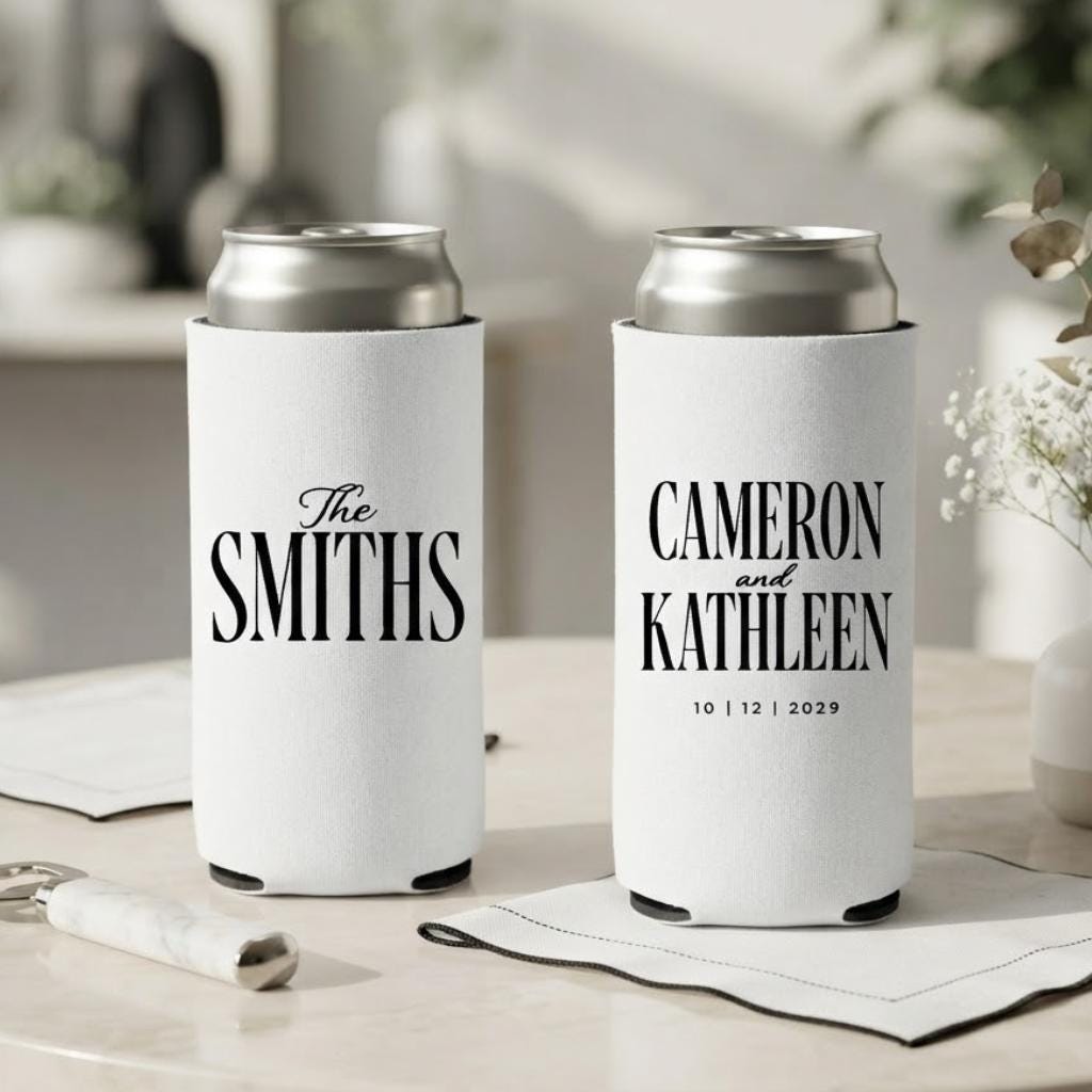 Custom Wedding Slim Can Coolers Personalized Wedding Favor Skinny Can Holder Reception Party Beverage Sleeve