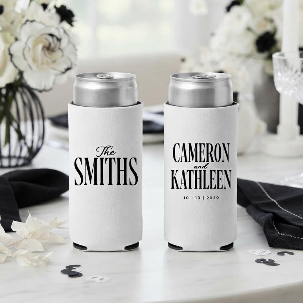 Custom Wedding Slim Can Coolers Personalized Wedding Favor Skinny Can Holder Reception Party Beverage Sleeve