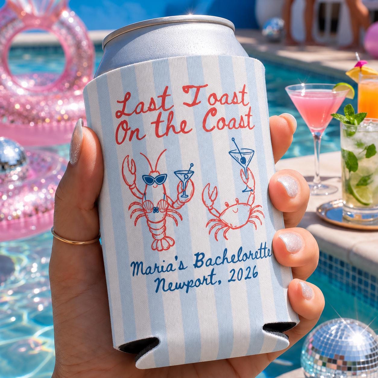Last Toast on the Coast Can Cooler, Beach Bachelorette Party Favor, Personalized Coastal Drink Sleeve
