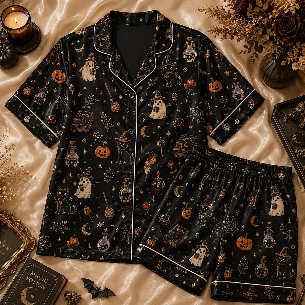 Spooky Cute Halloween Satin Pajama Set, Witchy Ghost Black Cat PJ Set, Gothic Whimsical Goth Sleepwear Gift Her