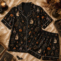 Spooky Cute Halloween Satin Pajama Set, Witchy Ghost Black Cat PJ Set, Gothic Whimsical Goth Sleepwear Gift Her