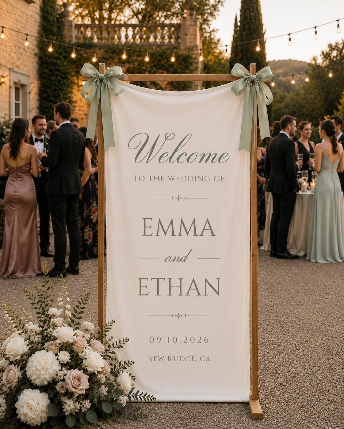 Personalized wedding welcome sign, custom fabric banner, bride and groom names, wedding date decor