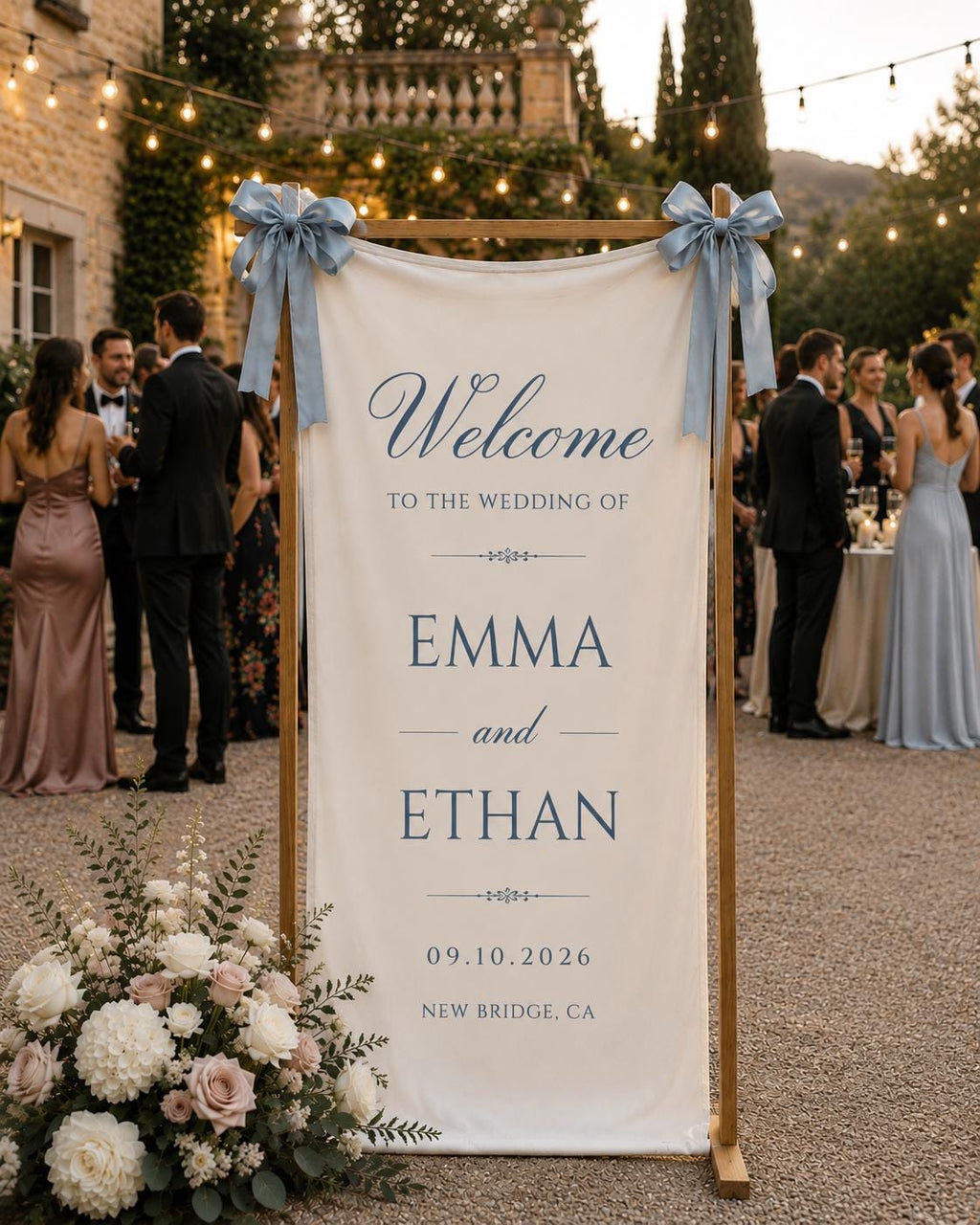 Personalized wedding welcome sign, custom fabric banner, bride and groom names, wedding date decor