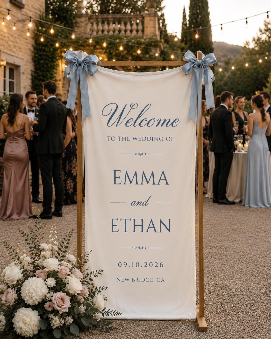 Personalized wedding welcome sign, custom fabric banner, bride and groom names, wedding date decor