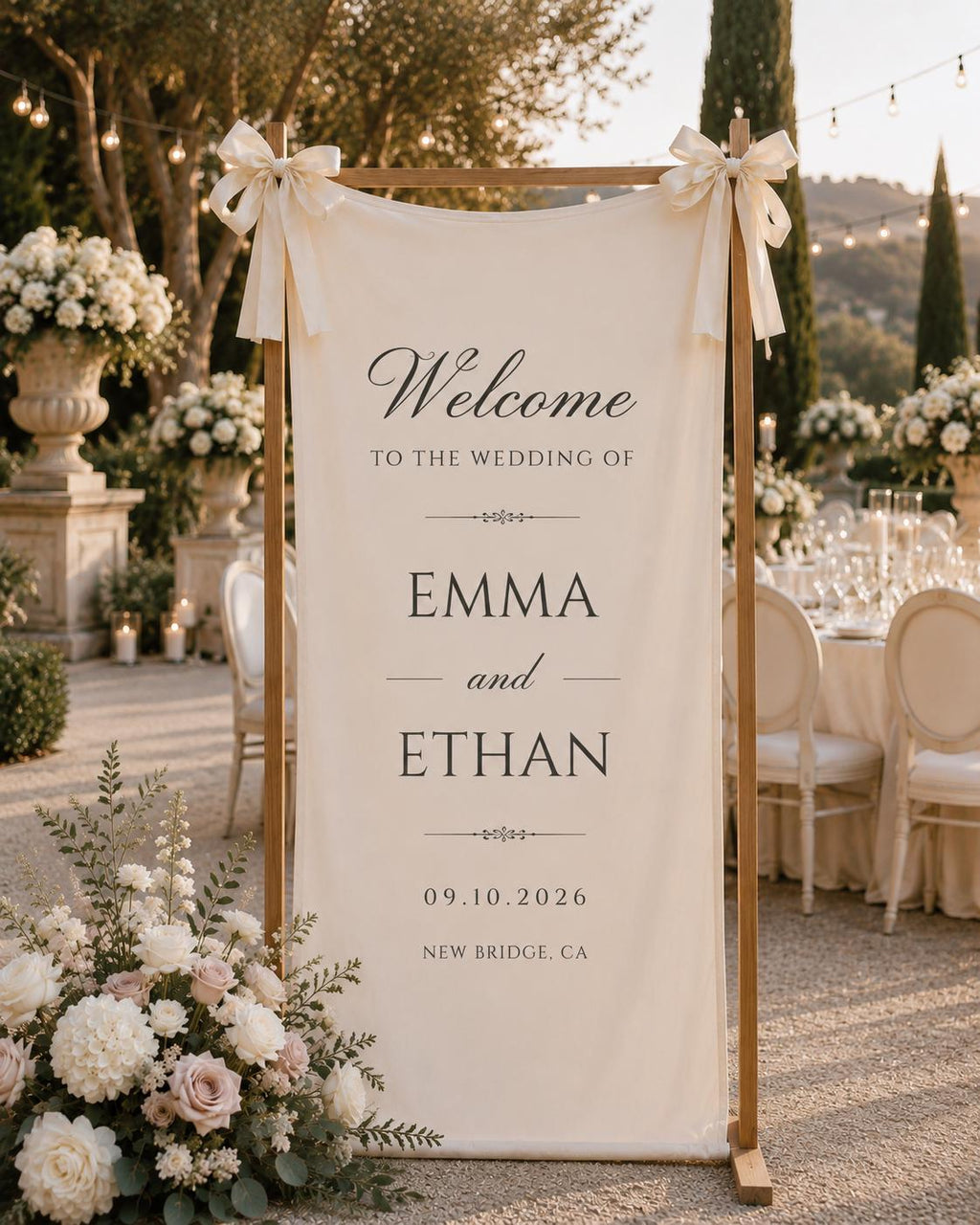 Personalized wedding welcome sign, custom fabric banner, bride and groom names, wedding date decor
