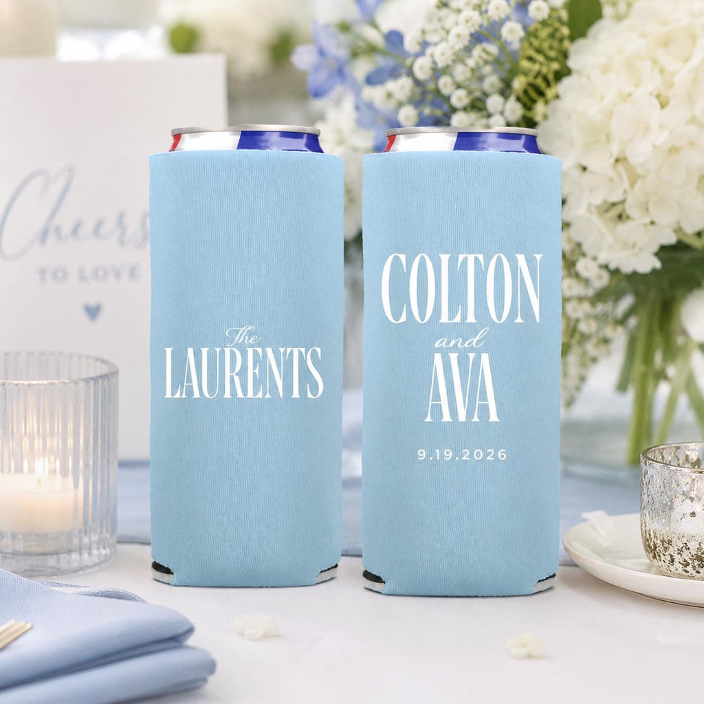 Custom Wedding Slim Can Coolers Personalized Wedding Favor Skinny Can Holder Reception Party Beverage Sleeve