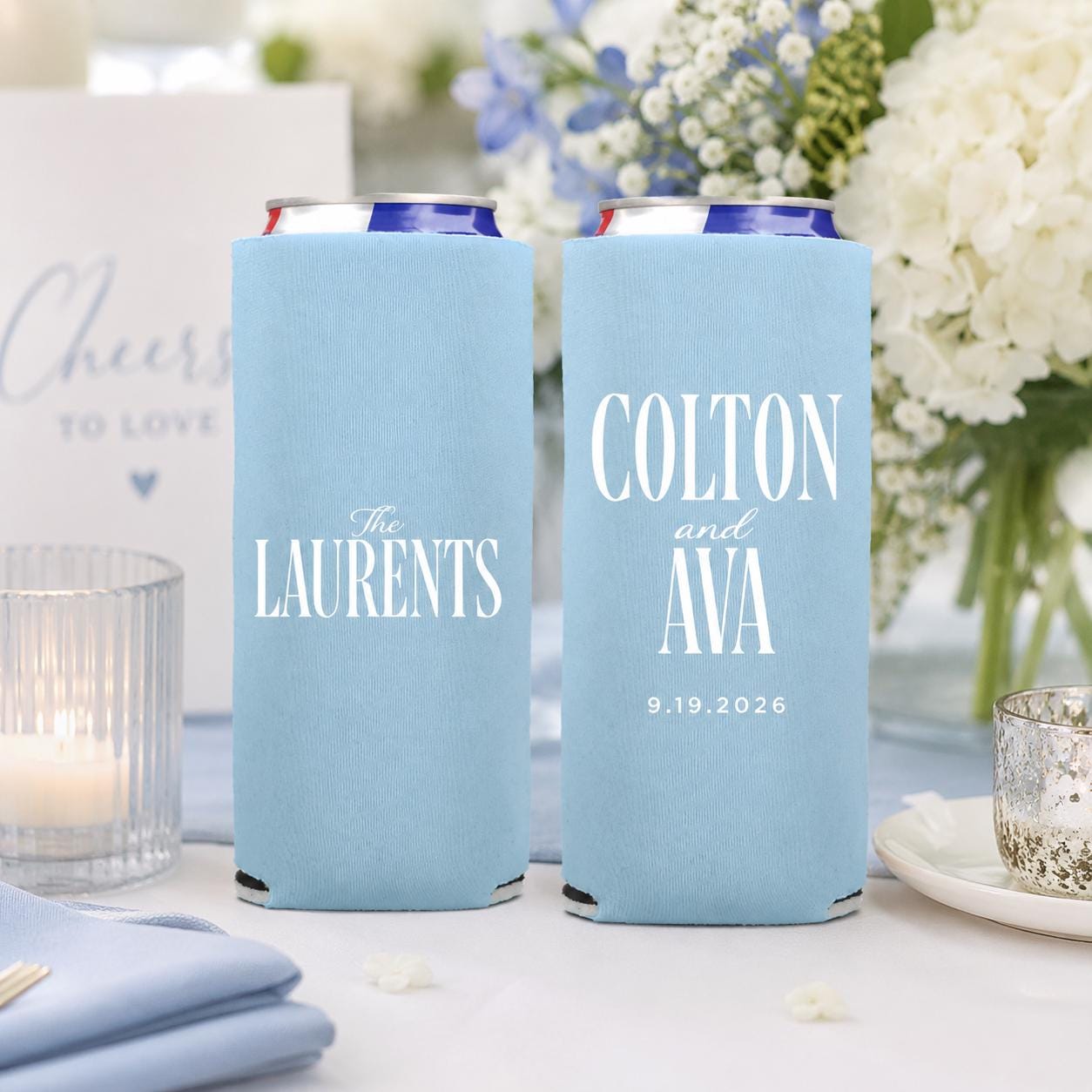 Custom Wedding Slim Can Coolers Personalized Wedding Favor Skinny Can Holder Reception Party Beverage Sleeve