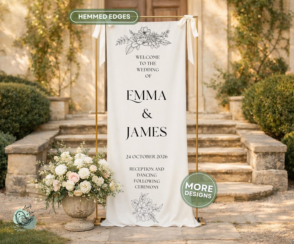 Botanical Linen Sign Wedding Custom Ceremony Welcome Sign Fabric Linen Wedding Banner Modern Ceremony Flower Wedding Flower Welcome Sign