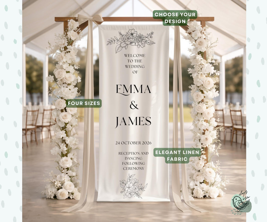 Botanical Linen Sign Wedding Custom Ceremony Welcome Sign Fabric Linen Wedding Banner Modern Ceremony Flower Wedding Flower Welcome Sign
