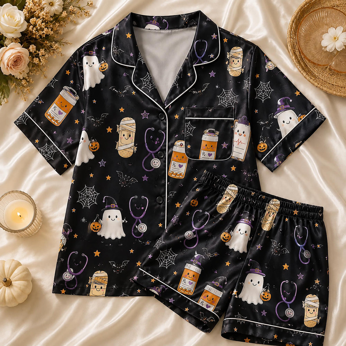 Halloween Nurse Pajamas Set, Spooky Nursing Doodle Satin Sleepwear, Funny Healthcare Ghost Gift for Women Nurse